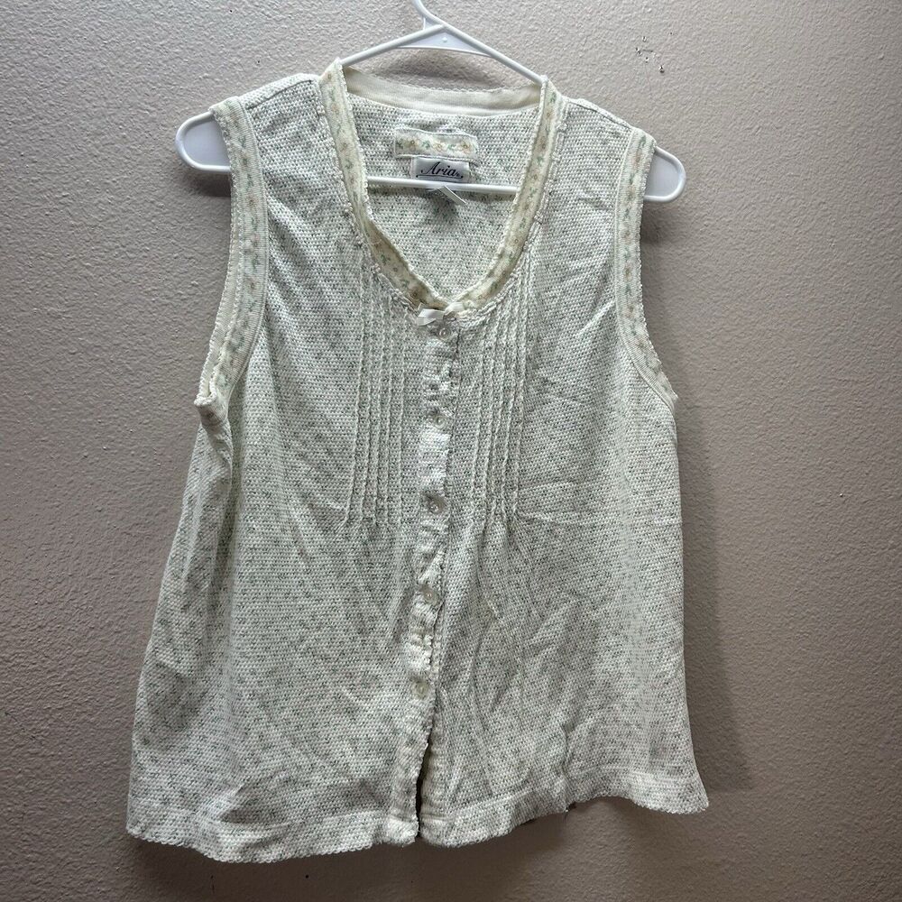 Aria 90s Y2K Grannycore Cottagecore Floral Cream Waffle Knit Pajama top SZ M‎